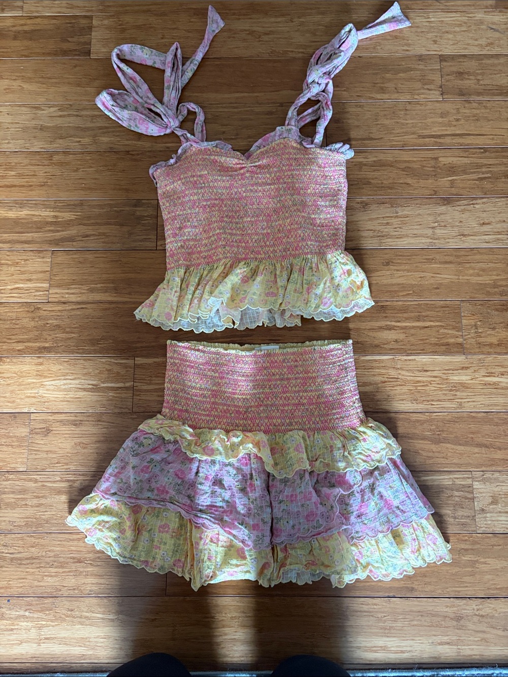 Women’s size small  Pink & Yellow Ruffle Two-Piece Dress Set